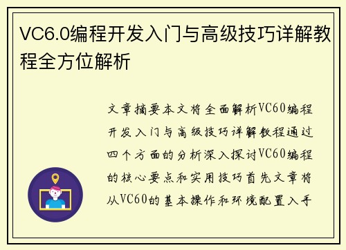 VC6.0编程开发入门与高级技巧详解教程全方位解析